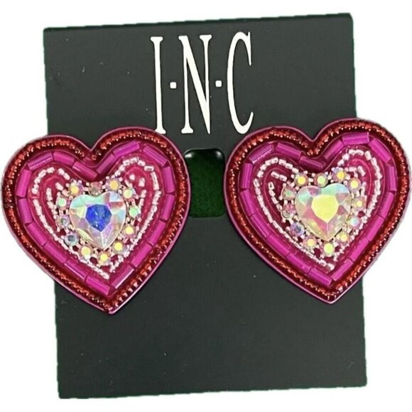 INC International Concepts Pink Crystal & Bead Heart Statement Stud Earrings - Picture 2 of 3